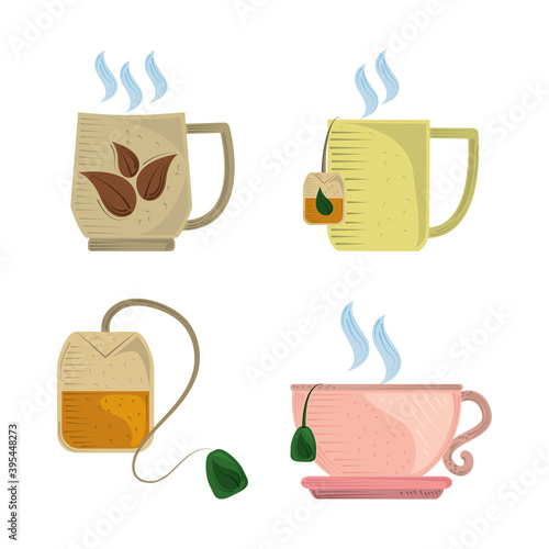 set of tea cups teabag herbal fresh beverage icons
