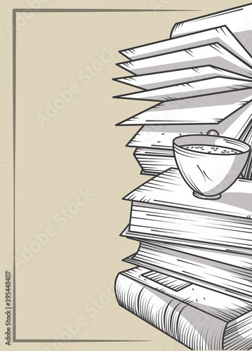 stacked books with pages paper and coffee cup engraving style