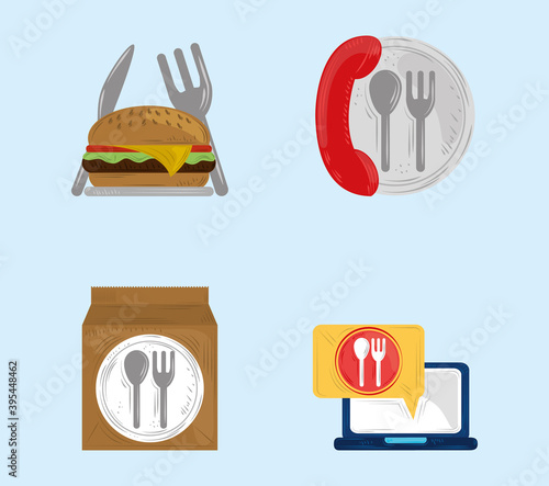 fast delivery service icon set restaurant food order