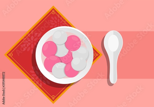 Festivals in China and Taiwan: Lantern Festival or Winter Solstice or New Year, delicious glutinous rice balls and soup spoons, graphic poster design, vector illustration