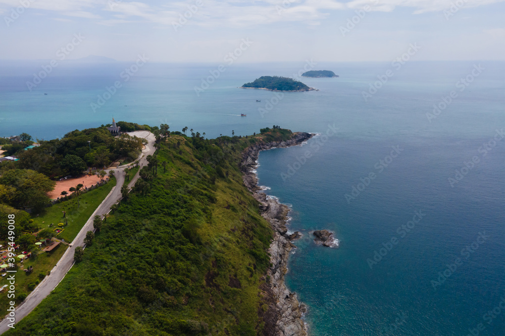 Obraz premium Amazing scene of Beautiful Turquoise in nature. Andaman ocean sea and coast in nature. Aerial view of drone coast sea, Andaman south of Thailand. At Phuket, Thailand. Nature and Travel concept.