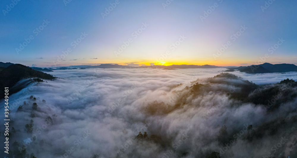 Nature landscape Aerial view drone. Mist landscape view point in south Thailand. Andaman Mist landscape view point. Amazing Mist landscape over mountain. At Khao Khai Nui, Phang Nga, Thailand.