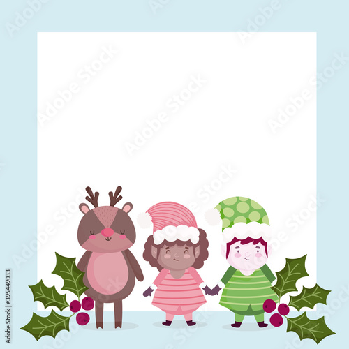 merry christmas, cute reindeer and helpers holly berry card
