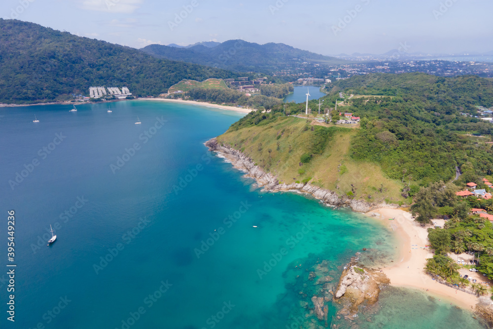 Amazing scene of Beautiful Turquoise in nature. Andaman ocean sea and coast in nature. Aerial view of drone coast sea, Andaman south of Thailand. At Phuket, Thailand. Nature and Travel concept.