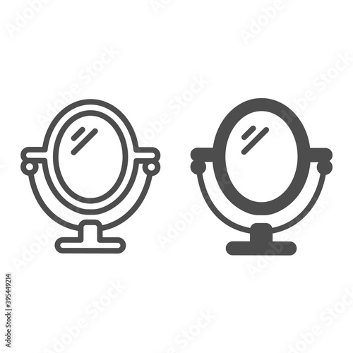 Mirror on stand line and solid icon, Hygiene routine concept, Makeup Mirror sign on white background, round table mirror icon in outline style for mobile concept and web design. Vector graphics.