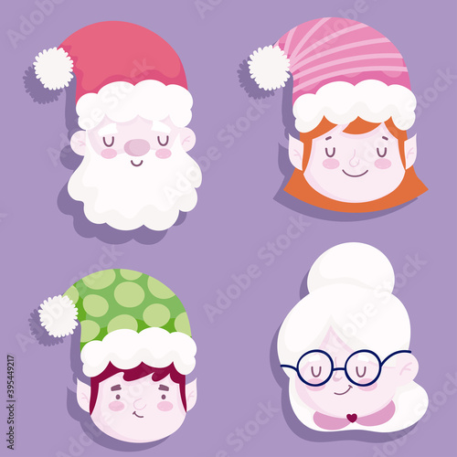 merry christmas, cute faces santa old woman and helpers icons design