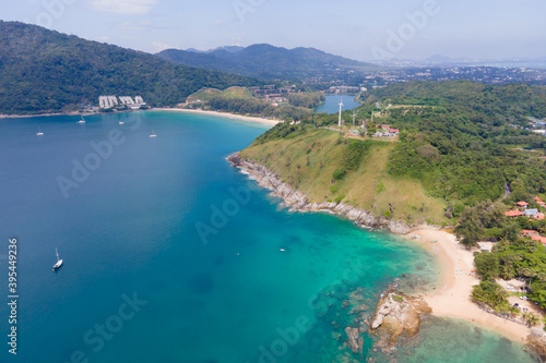 Amazing scene of Beautiful Turquoise in nature. Andaman ocean sea and coast in nature. Aerial view of drone coast sea, Andaman south of Thailand. At Phuket, Thailand. Nature and Travel concept.