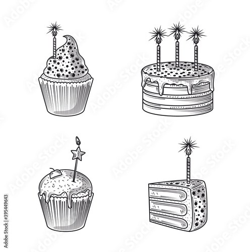 happy birthday, icons cake cupcake and candles party, engraving style