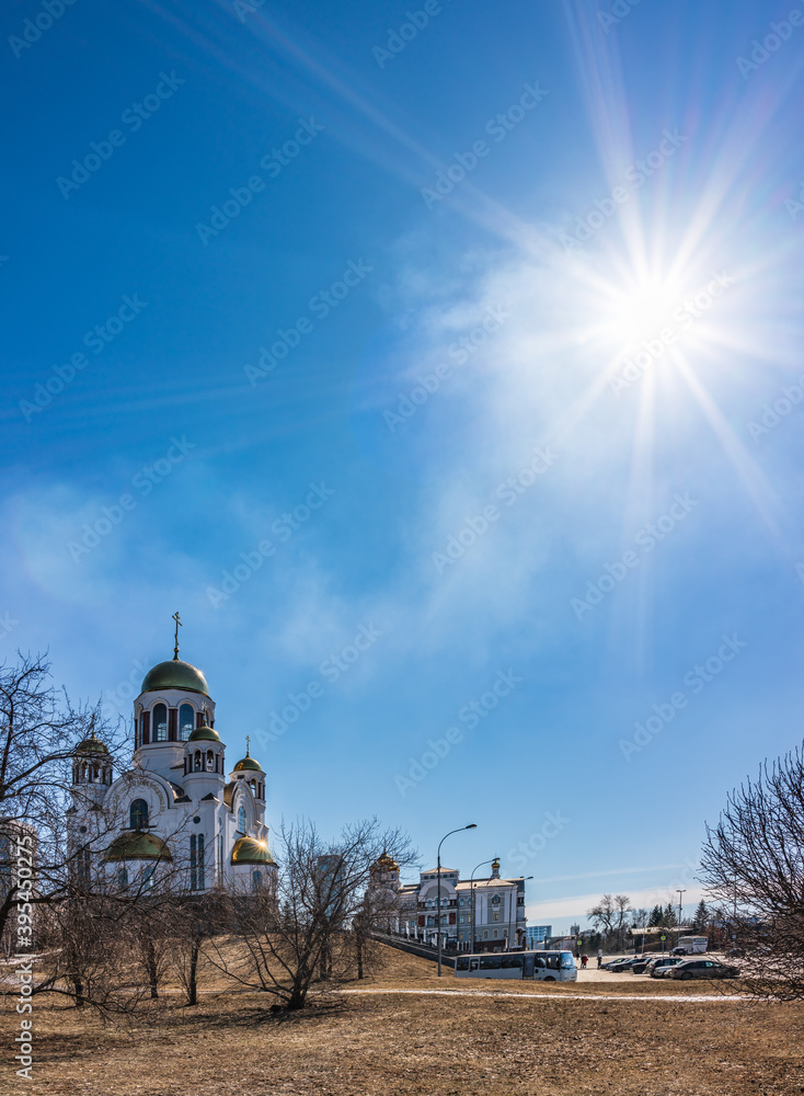 Temple in early spring or autumn in clear sunny day. Temple on Blood, Yekaterinburg, Russia
