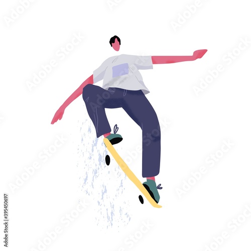 Modern skateboarder jumping and showing tricks with skateboard. Young skater with longboard. Extreme sport. Street activity. Flat textured vector illustration isolated on white background