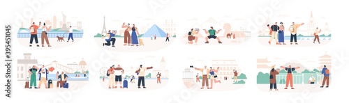 Set of traveling people visiting famous city landmarks and attractions. Collection of tourists going sightseeing, taking photos selfies at popular places. Flat vector illustration isolated on white