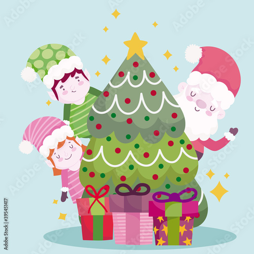 merry christmas, cute santa helpers tree and gifts design