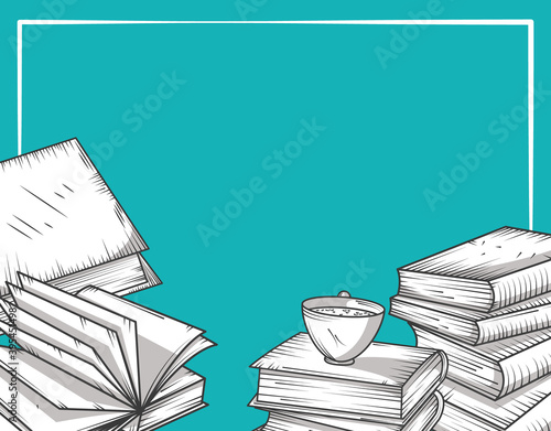 books stack and coffee cup learning study and knowledge engraving style