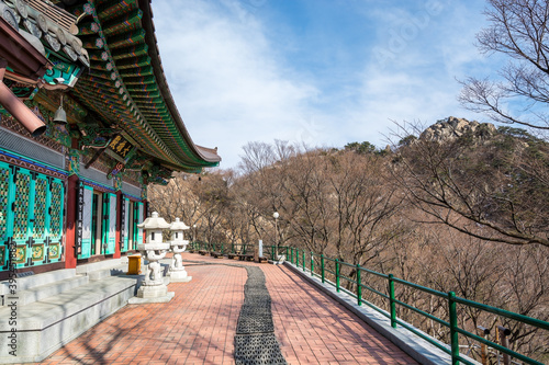  A traditional Buddhist temple Mangwolsa Temple in the cave at the Bukhansan Mountain National park in Seoul, South Korea