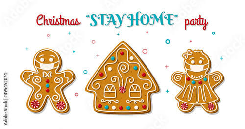 Christmas gingerbread man and woman in face mask on stay home party. Homemade cookies. The symbol is new normal. Vector illustration