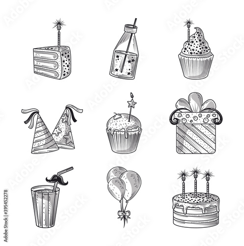 happy birthday cake gift hat balloon celebration decoration party, icons engraving style