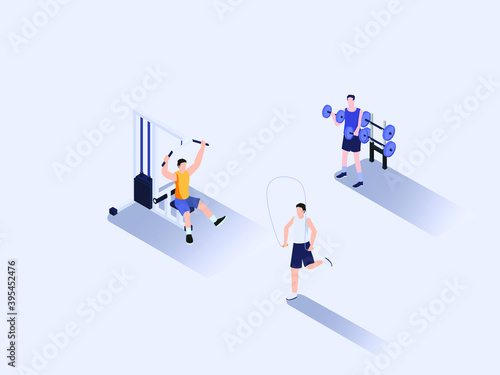 Summer sport gym workout vector 3D isometric concept: group of men lifting weights at gym