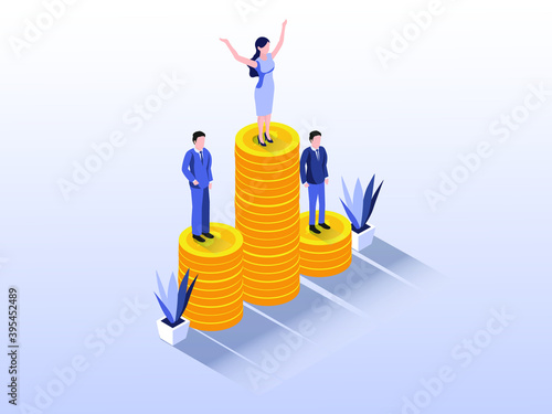 Business champion isometric 3D vector: Businesswoman celebrating success on a podium made of stack of coins