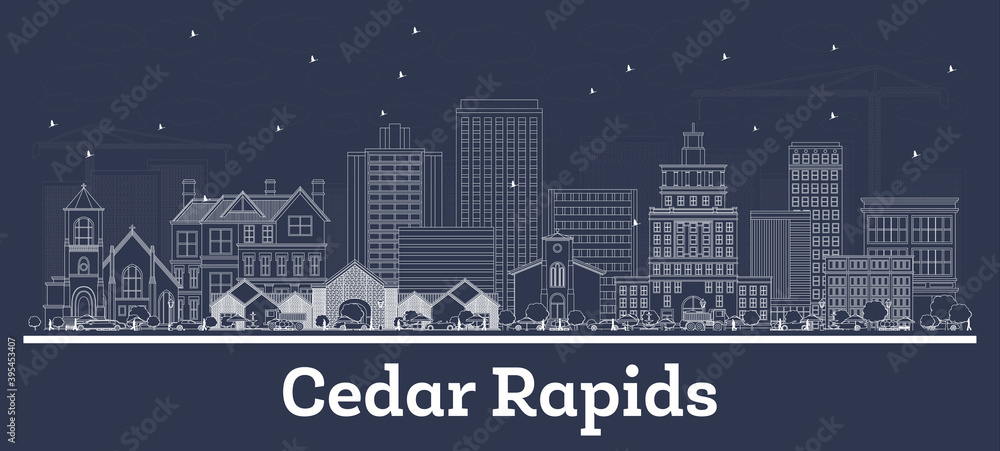 Outline Cedar Rapids Iowa Skyline with White Buildings.