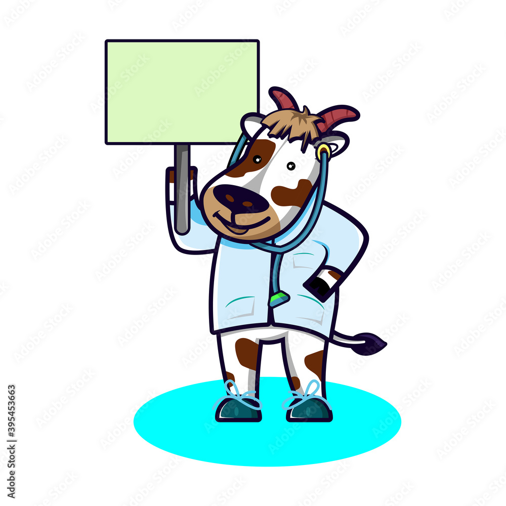 Cute cow as a farm doctor holding blank banner cartoon vector illustration