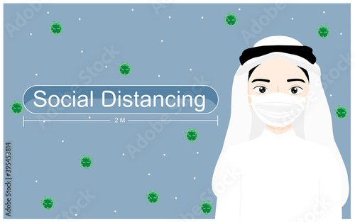 Arab man wearing mask with social distancing letter