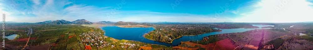 Aerial view of To Nung lake or T’nung lake near Pleiku city, Gia Lai province, Vietnam. To Nung lake or T’nung lake on the lava background of a volcano that has stopped working