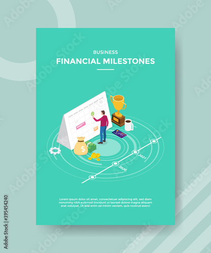 business financial milestones men standing on calendar around trophy money card for template flyer and print banner cover book books modern flat style