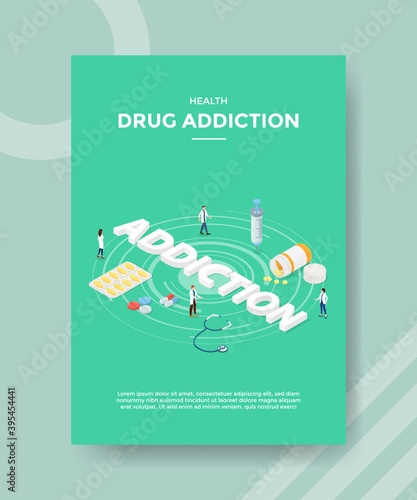health drug addiction people standing pharmacist around syringe stethoscope pill tablet for template flyer and print banner cover book books modern flat style