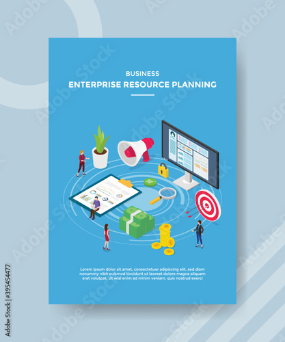 business enterprise resource planning people standing around chart clipboard money megaphone target computer for template flyer and print banner cover book books