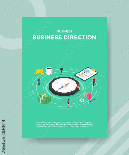 business direction people standing around big compasss money statistic char clip board for template flyer and print banner cover book books