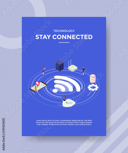 technology stay connected people standing sitting around server router network for template flyer and print banner cover book books modern flat style