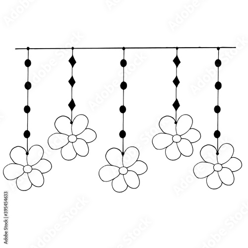 garland with flowers hanging banner, border, frame, sticker. sketch hand drawn doodle. vector scandinavian monochrome minimalism. summer spring decor.