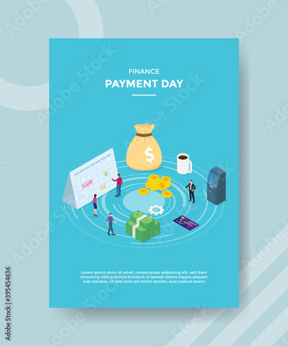 finance payment day people standing front calendar around money bag for template flyer and print banner cover book books modern flat style