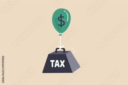 Tax burden, taxation problem for wealth accumulation concept, green balloon with dollar money sign cannot rising up cause of tax burden.