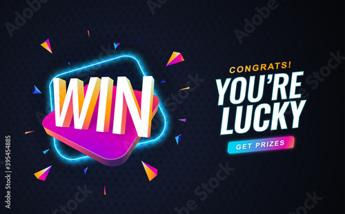 Celebration of win retro 90s style on dark background. Winning vector illustration. Gambling banner template with win word