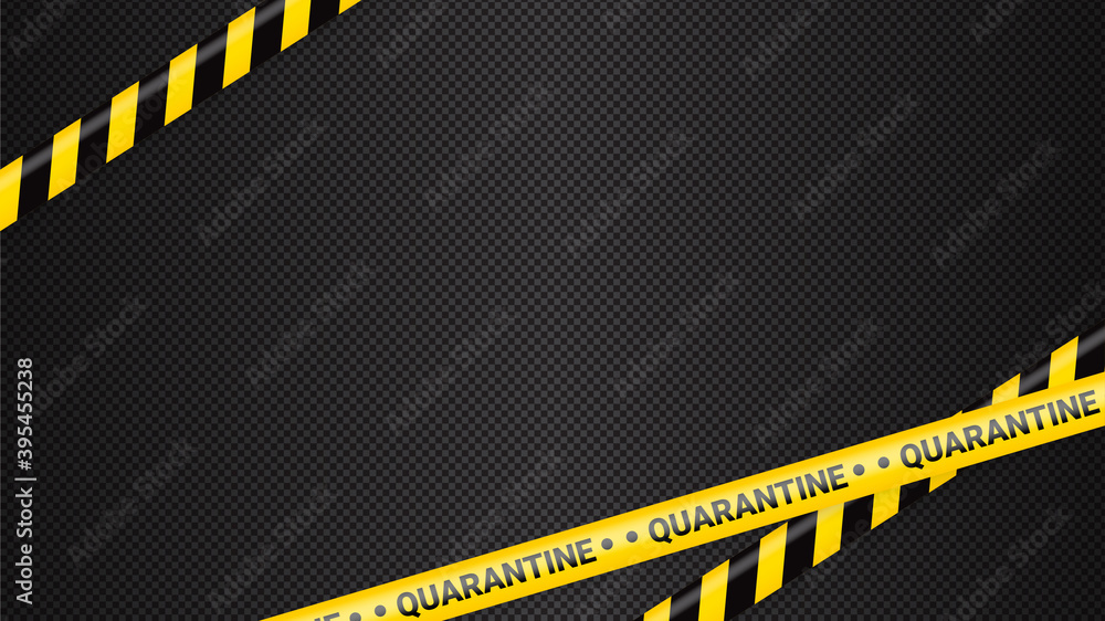 Quarantine danger tape. Covid 19 and quarantine zone yellow warning tape. Coronavirus covid danger stripe on dark transparent background. Safety warning yellow black stripes.