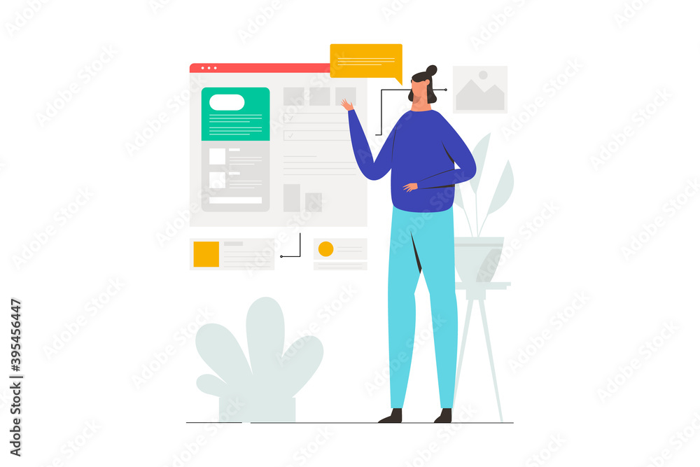 Startup business pitching concept. Woman pitch startup to investors. Woman Standing Explained the Presentation. Flat vector illustration