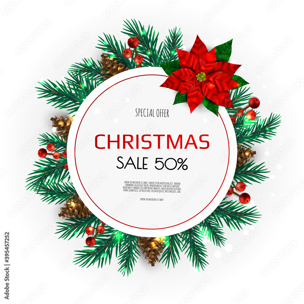 Christmas wreath with pine branches, berries, Christmas flowers and other holiday elements Christmas wreath with pine branches, berries, Christmas flowers and other holiday elements