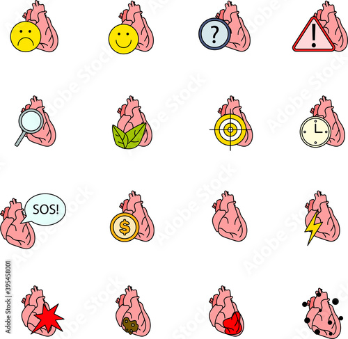 Set of heart icons. Smiles, question, exclamation, infection, stroke, plant, clock, time, myocardial infarction, cancer, tumor, sos, money, lighting, idea, target, pain, magnifier. Vector illustration