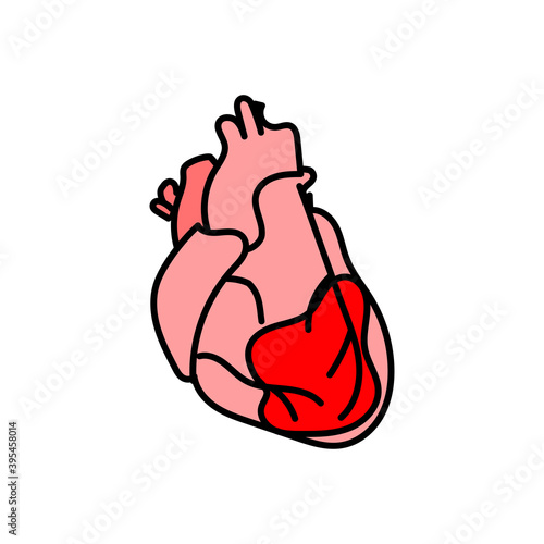 Human heart icon, stroke, myocardial infarction, bleeding, infection, pericarditis, red spot, vector flat illustration.