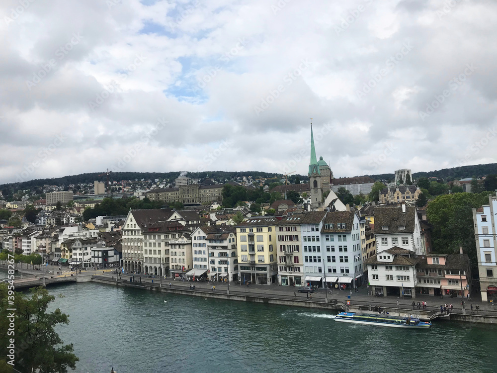lake view near tower of Saint Peter and Fraumünster Church in Zurich, Swiss, Switzerland