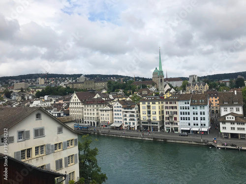 lake view near tower of Saint Peter and Fraumünster Church in Zurich, Swiss, Switzerland