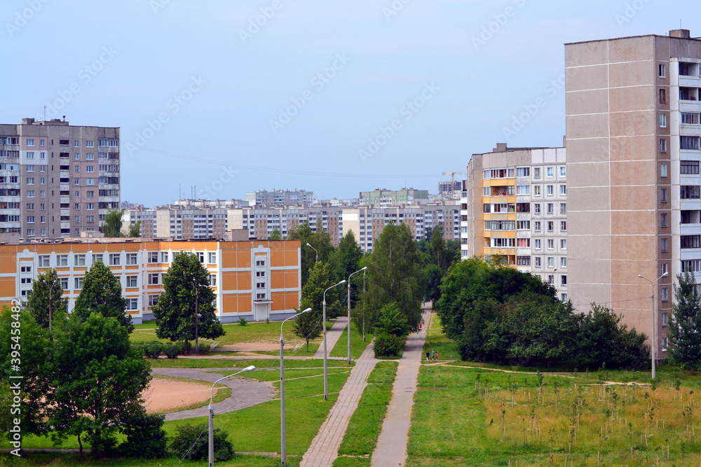 District of Minsk with residential high-rise buildings (view from above). Republic of Belarus.