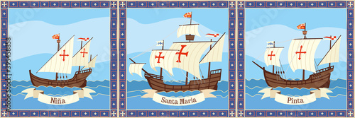 Triptych ships of Columbus. Santa Maria, Pinta and Ninha float on the ocean. Vector illustration