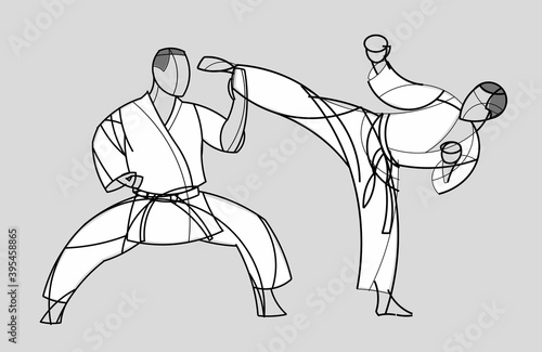 Two karate athletes fighting. Image for karate school. Vector stylish linear illustration