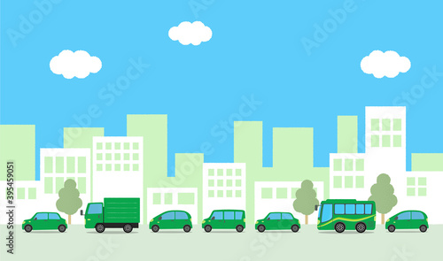 自動車が走る都市のベクターイラスト　エコバージョン