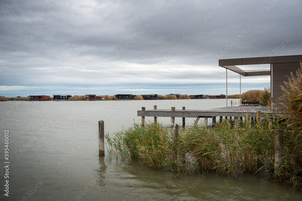 Cottage and wooden huts on lake neusiedlersee in Burgenland