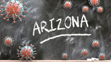 Arizona and covid virus - pandemic turmoil and Arizona pictured as corona viruses attacking a school blackboard with a written word Arizona, 3d illustration