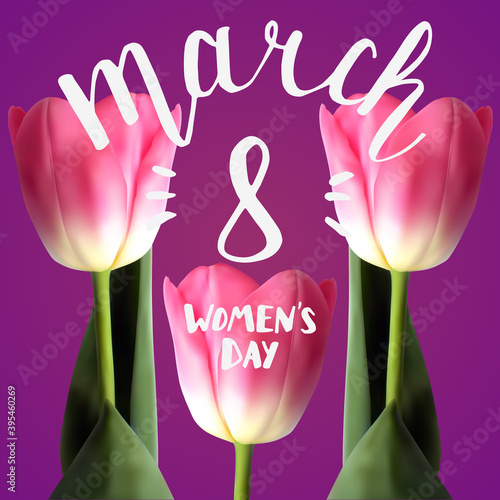 Women`s day greeting card template with beautiful tulips, vector illustration