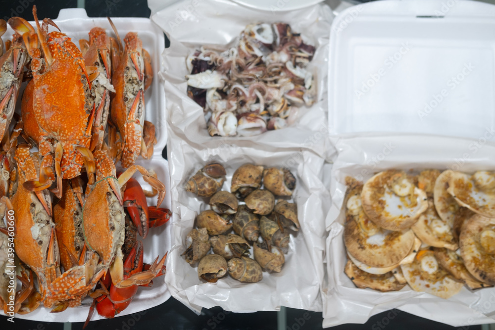 Many of seafood in foam box